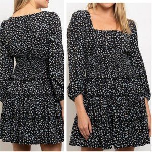 Cottagecore puff sleeve tiered tiny hearts leopard print smocked waist dress S,